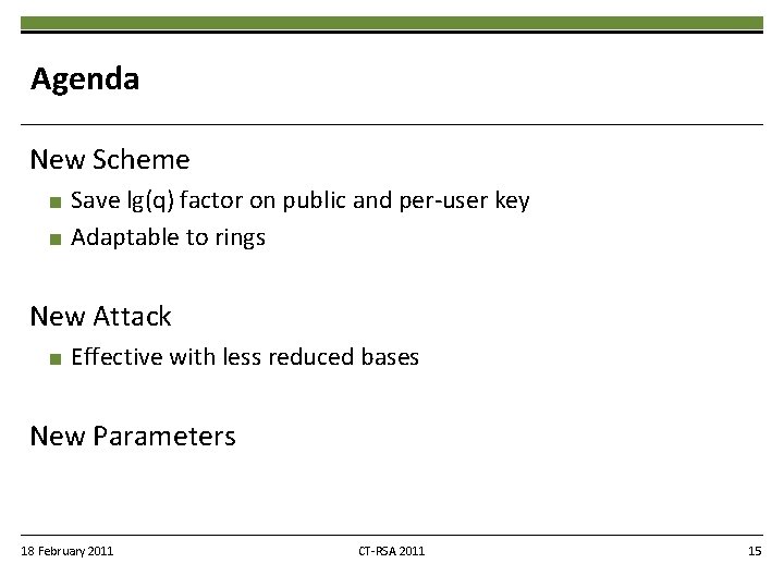 Agenda New Scheme ■ ■ Save lg(q) factor on public and per-user key Adaptable