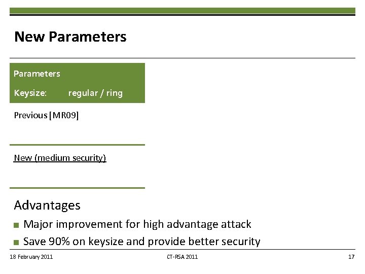 New Parameters Keysize: regular / ring Previous [MR 09] Per-User key: 2736/ 20 KBits