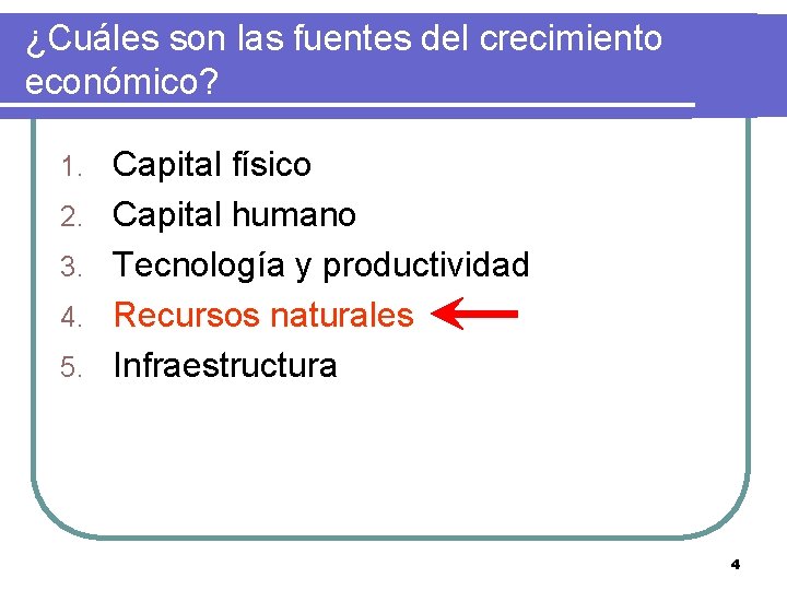 ¿Cuáles son las fuentes del crecimiento económico? 1. 2. 3. 4. 5. Capital físico