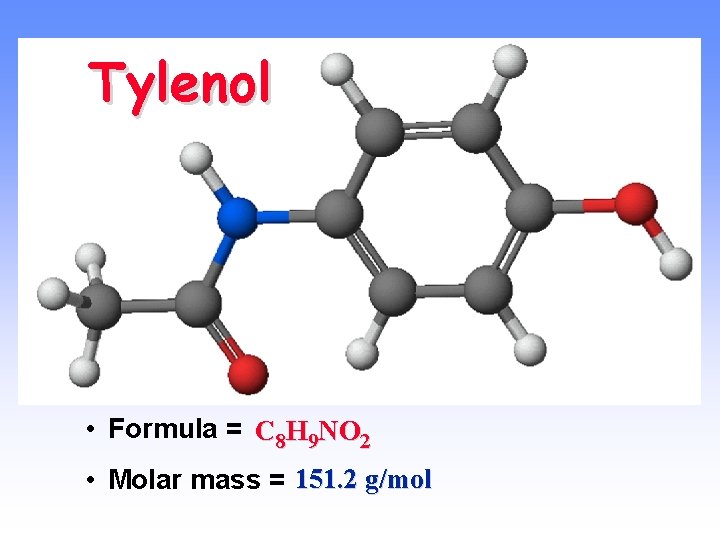 Tylenol • Formula = C 8 H 9 NO 2 • Molar mass =