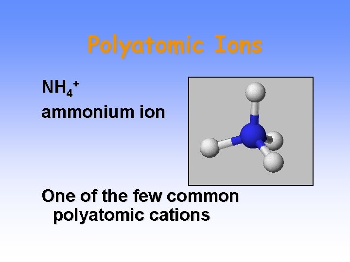 Polyatomic Ions NH 4+ ammonium ion One of the few common polyatomic cations 