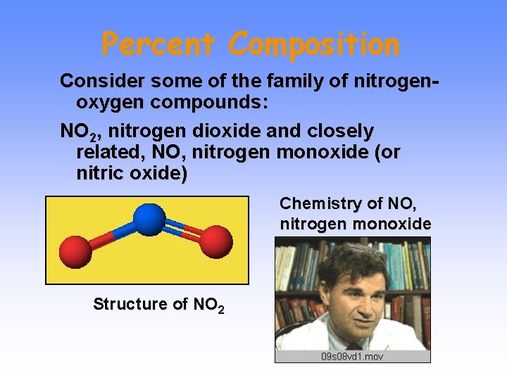 Percent Composition Consider some of the family of nitrogenoxygen compounds: NO 2, nitrogen dioxide