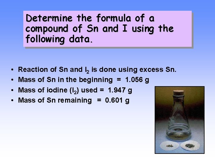 Determine the formula of a compound of Sn and I using the following data.