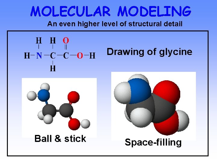 MOLECULAR MODELING An even higher level of structural detail Drawing of glycine Ball &