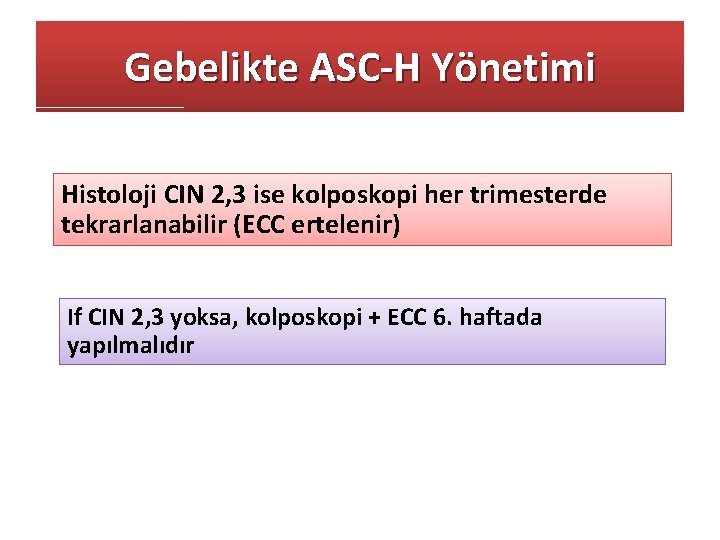 Gebelikte ASC-H Yönetimi Histoloji CIN 2, 3 ise kolposkopi her trimesterde tekrarlanabilir (ECC ertelenir)