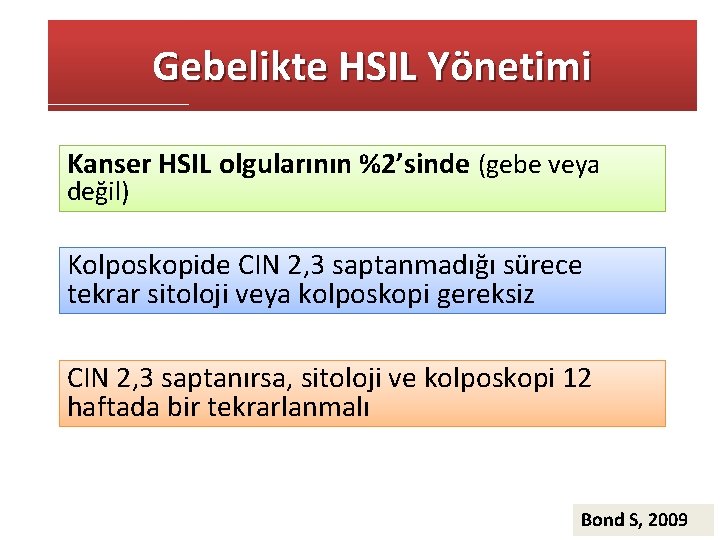 Gebelikte HSIL Yönetimi Kanser HSIL olgularının %2’sinde (gebe veya değil) Kolposkopide CIN 2, 3