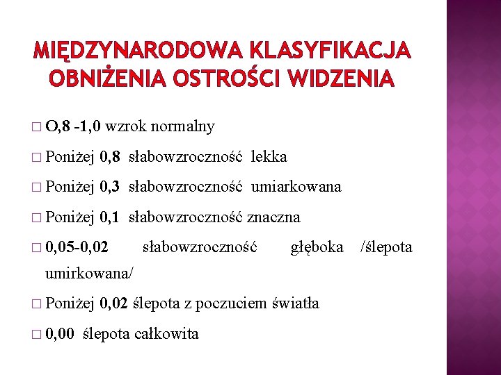 MIĘDZYNARODOWA KLASYFIKACJA OBNIŻENIA OSTROŚCI WIDZENIA � O, 8 -1, 0 wzrok normalny � Poniżej