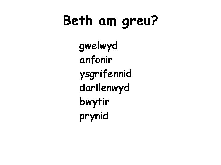 Beth am greu? gwelwyd anfonir ysgrifennid darllenwyd bwytir prynid 