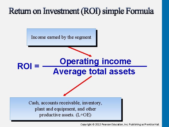 Return on Investment (ROI) simple Formula Income earned by the segment ROI = Operating