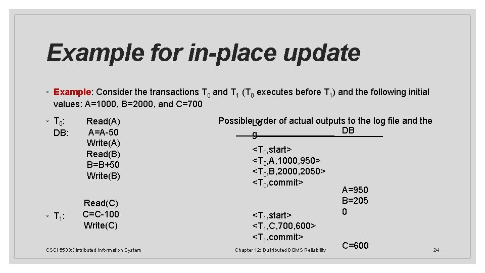 Example for in-place update ◦ Example: Consider the transactions T 0 and T 1