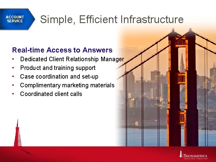 ACCOUNT SERVICE Simple, Efficient Infrastructure Real-time Access to Answers • • • Dedicated Client