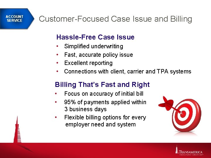 ACCOUNT SERVICE Customer-Focused Case Issue and Billing Hassle-Free Case Issue • • Simplified underwriting