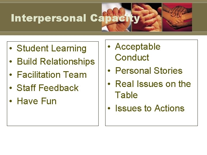 Interpersonal Capacity • • • Student Learning Build Relationships Facilitation Team Staff Feedback Have