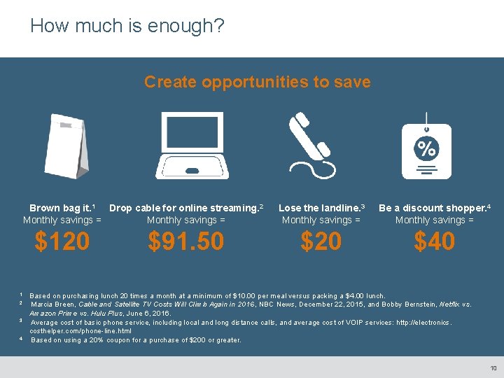 How much is enough? Create opportunities to save Brown bag it. 1 Drop cable