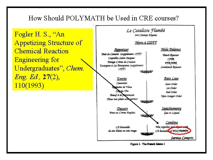How Should POLYMATH be Used in CRE courses? Fogler H. S. , “An Appetizing