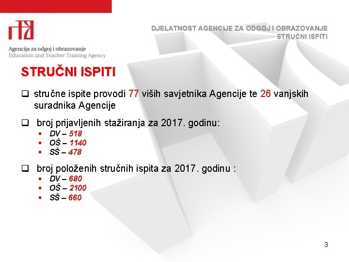 DJELATNOST AGENCIJE ZA ODGOJ I OBRAZOVANJE STRUČNI ISPITI q stručne ispite provodi 77 viših