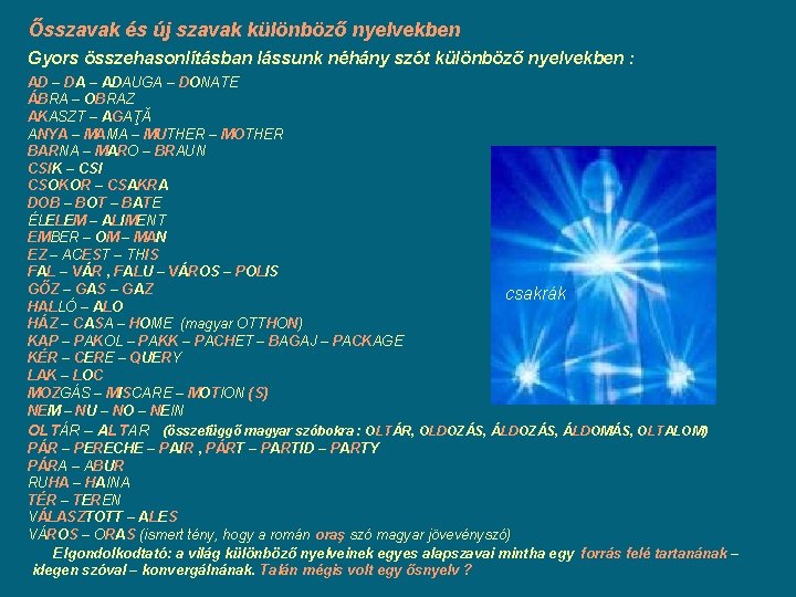 Ősszavak és új szavak különböző nyelvekben Gyors összehasonlításban lássunk néhány szót különböző nyelvekben : Ősszavak és új szavak különböző nyelvekben Gyors összehasonlításban lássunk néhány szót különböző nyelvekben :