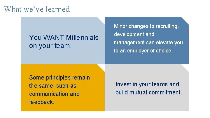 What we’ve learned Minor changes to recruiting, You WANT Millennials on your team. Some