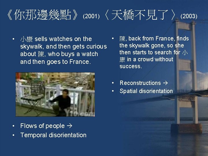 《你那邊幾點》(2001)〈天橋不見了〉(2003) • 陳, back from France, finds • 小康 sells watches on the skywalk