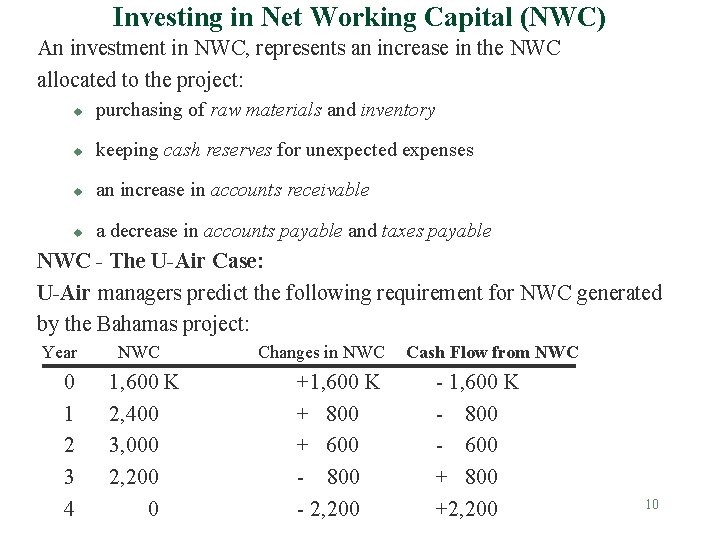 Investing in Net Working Capital (NWC) An investment in NWC, represents an increase in