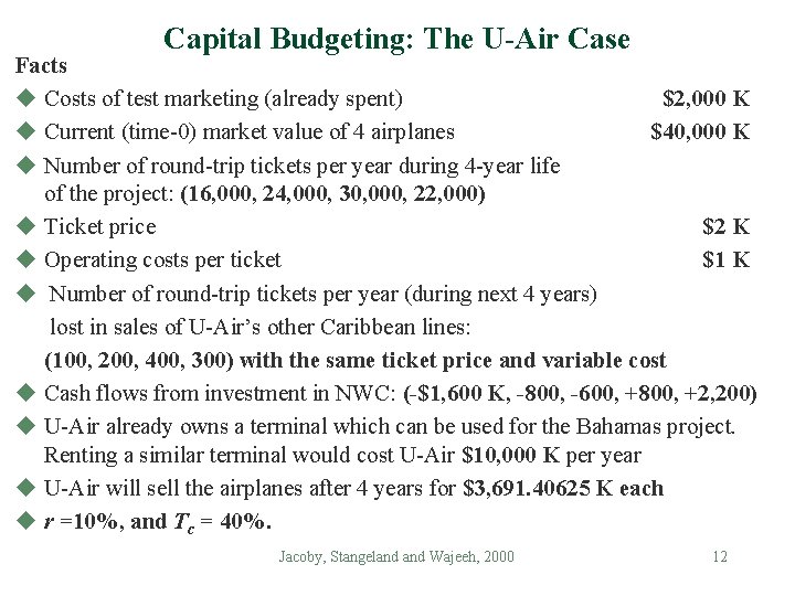 Capital Budgeting: The U-Air Case Facts u Costs of test marketing (already spent) $2,