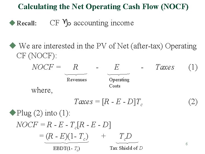 Calculating the Net Operating Cash Flow (NOCF) u Recall: CF g accounting income u