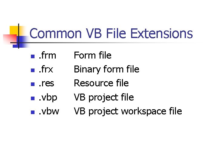 Common VB File Extensions n n n . frm. frx. res. vbp. vbw Form