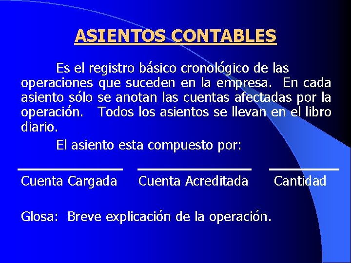 ASIENTOS CONTABLES Es el registro básico cronológico de las operaciones que suceden en la