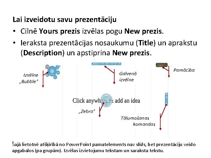 Lai izveidotu savu prezentāciju • Cilnē Yours prezis izvēlas pogu New prezis. • Ieraksta