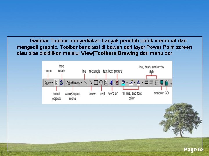 Gambar Toolbar menyediakan banyak perintah untuk membuat dan mengedit graphic. Toolbar berlokasi di bawah
