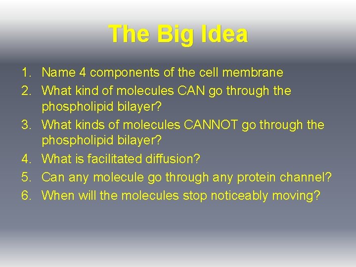 The Big Idea 1. Name 4 components of the cell membrane 2. What kind The Big Idea 1. Name 4 components of the cell membrane 2. What kind