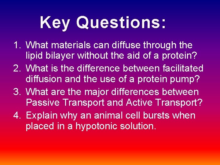 Key Questions: 1. What materials can diffuse through the lipid bilayer without the aid Key Questions: 1. What materials can diffuse through the lipid bilayer without the aid