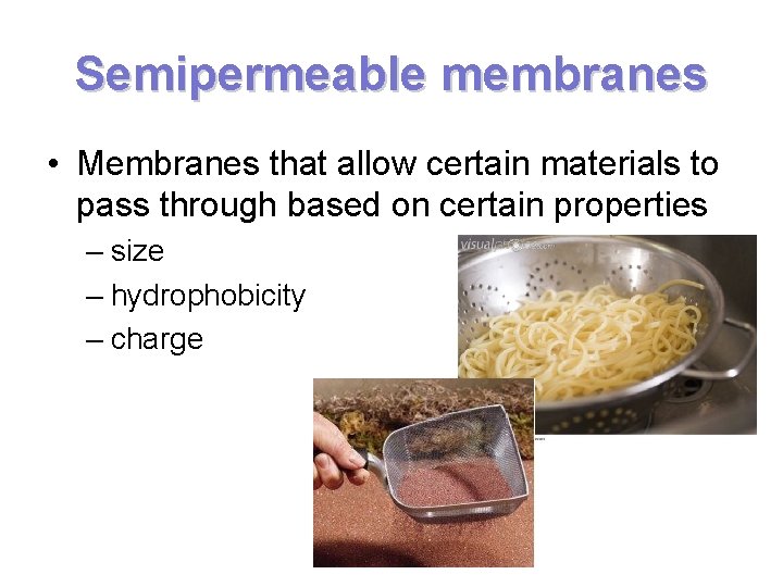 Semipermeable membranes • Membranes that allow certain materials to pass through based on certain Semipermeable membranes • Membranes that allow certain materials to pass through based on certain