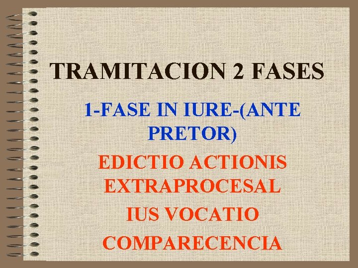 TRAMITACION 2 FASES 1 -FASE IN IURE-(ANTE PRETOR) EDICTIO ACTIONIS EXTRAPROCESAL IUS VOCATIO COMPARECENCIA