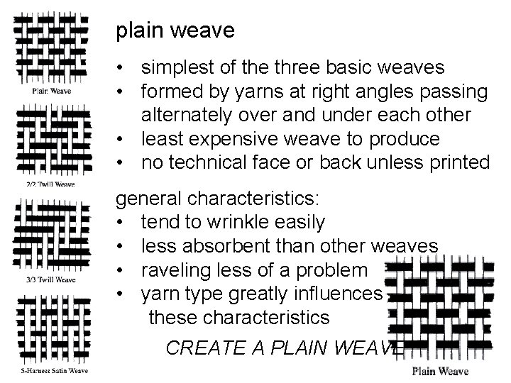 plain weave • simplest of the three basic weaves • formed by yarns at
