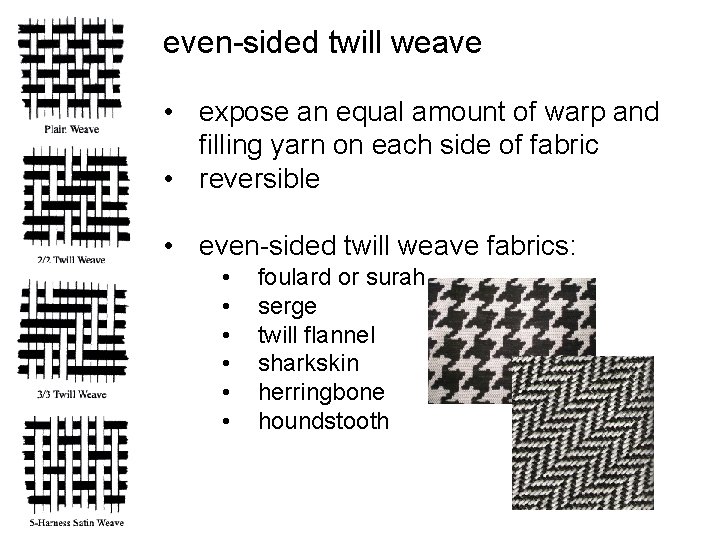 even-sided twill weave • expose an equal amount of warp and filling yarn on