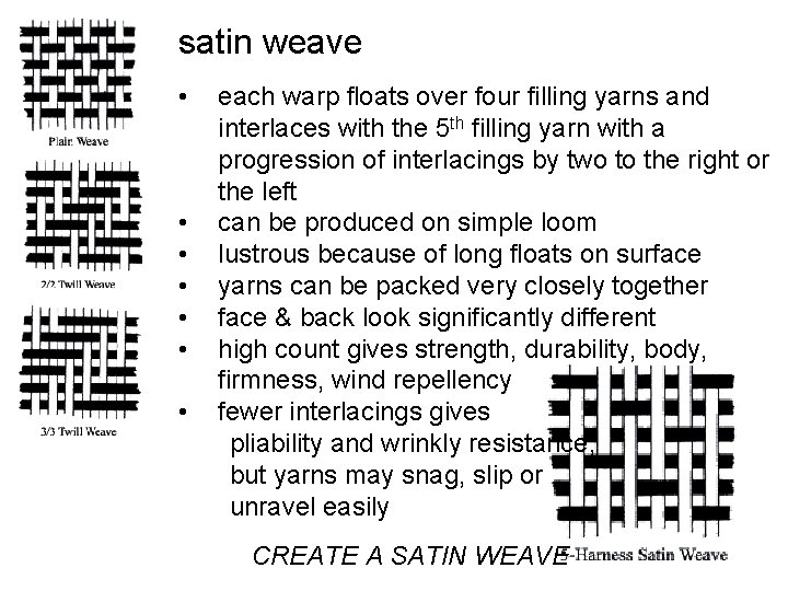 satin weave • • each warp floats over four filling yarns and interlaces with