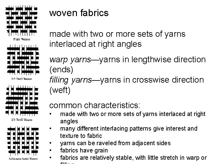 woven fabrics made with two or more sets of yarns interlaced at right angles