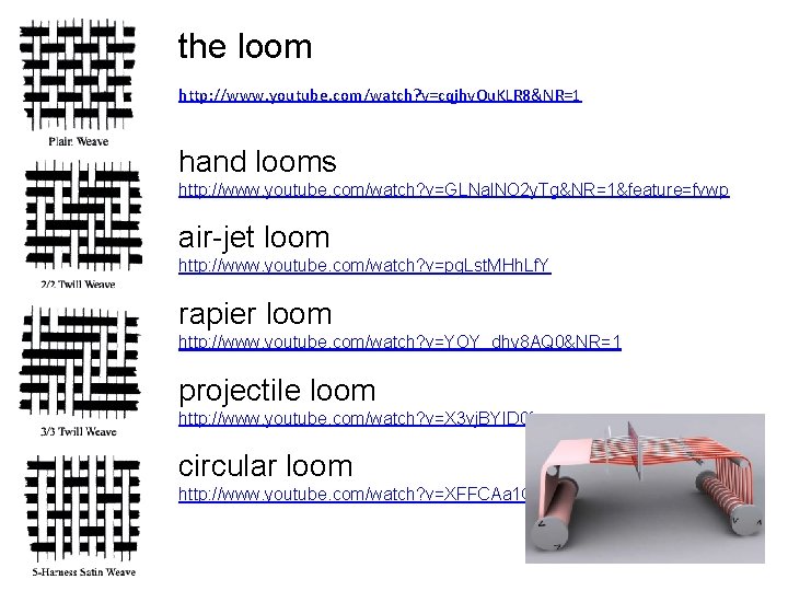 the loom http: //www. youtube. com/watch? v=cqjhv. Ou. KLR 8&NR=1 hand looms http: //www. the loom http: //www. youtube. com/watch? v=cqjhv. Ou. KLR 8&NR=1 hand looms http: //www.