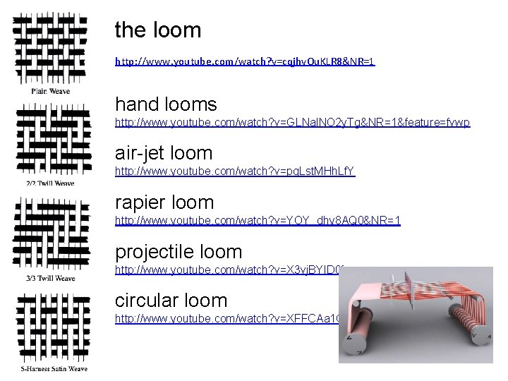 the loom http: //www. youtube. com/watch? v=cqjhv. Ou. KLR 8&NR=1 hand looms http: //www.