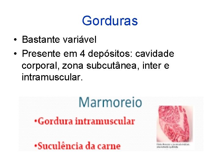 Gorduras • Bastante variável • Presente em 4 depósitos: cavidade corporal, zona subcutânea, inter
