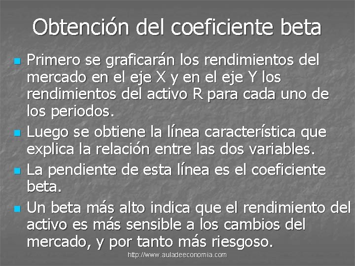 Obtención del coeficiente beta n n Primero se graficarán los rendimientos del mercado en