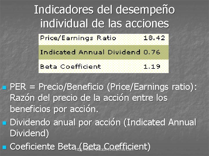 Indicadores del desempeño individual de las acciones n n n PER = Precio/Beneficio (Price/Earnings