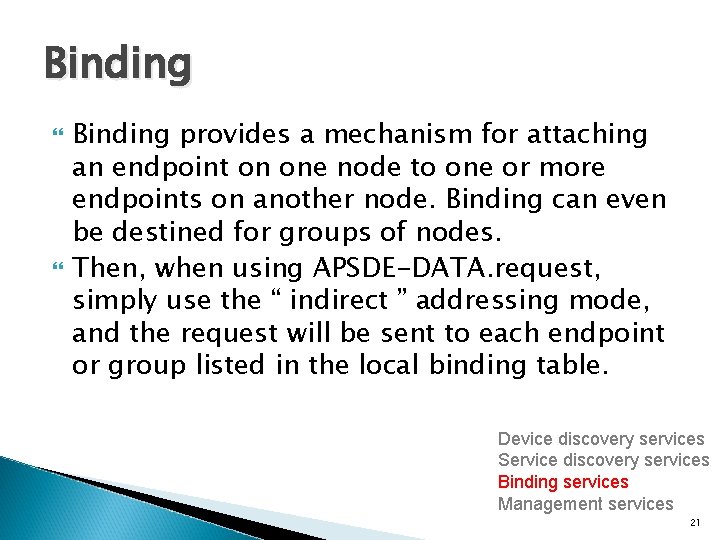 Binding provides a mechanism for attaching an endpoint on one node to one or