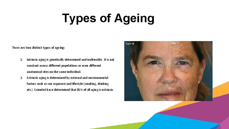 Types of Ageing There are two distinct types of ageing: 1. Intrinsic aging is