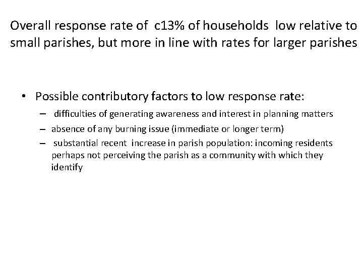 Overall response rate of c 13% of households low relative to small parishes, but