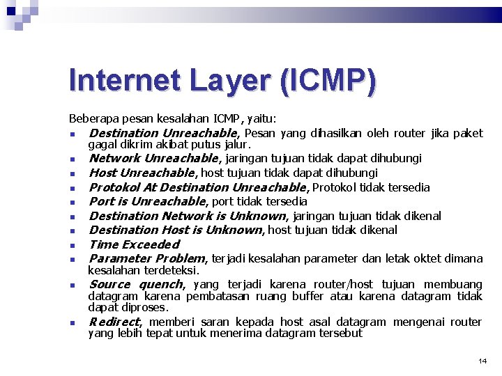 Internet Layer (ICMP) Beberapa pesan kesalahan ICMP, yaitu: Destination Unreachable, Pesan yang dihasilkan oleh