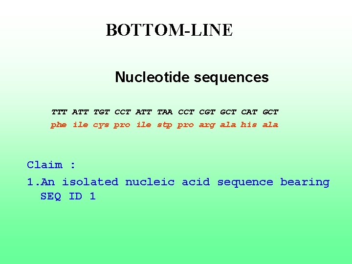  BOTTOM-LINE Nucleotide sequences TTT ATT TGT CCT ATT TAA CCT CGT GCT CAT