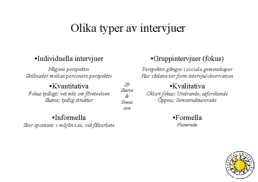 Olika typer av intervjuer • Individuella intervjuer • Gruppintervjuer (fokus) Någons perspektiv Skillnader mellan