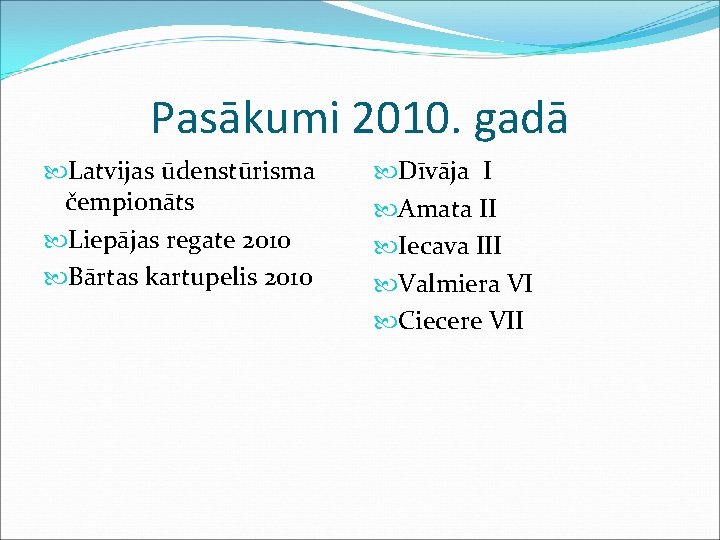 Pasākumi 2010. gadā Latvijas ūdenstūrisma čempionāts Liepājas regate 2010 Bārtas kartupelis 2010 Dīvāja I